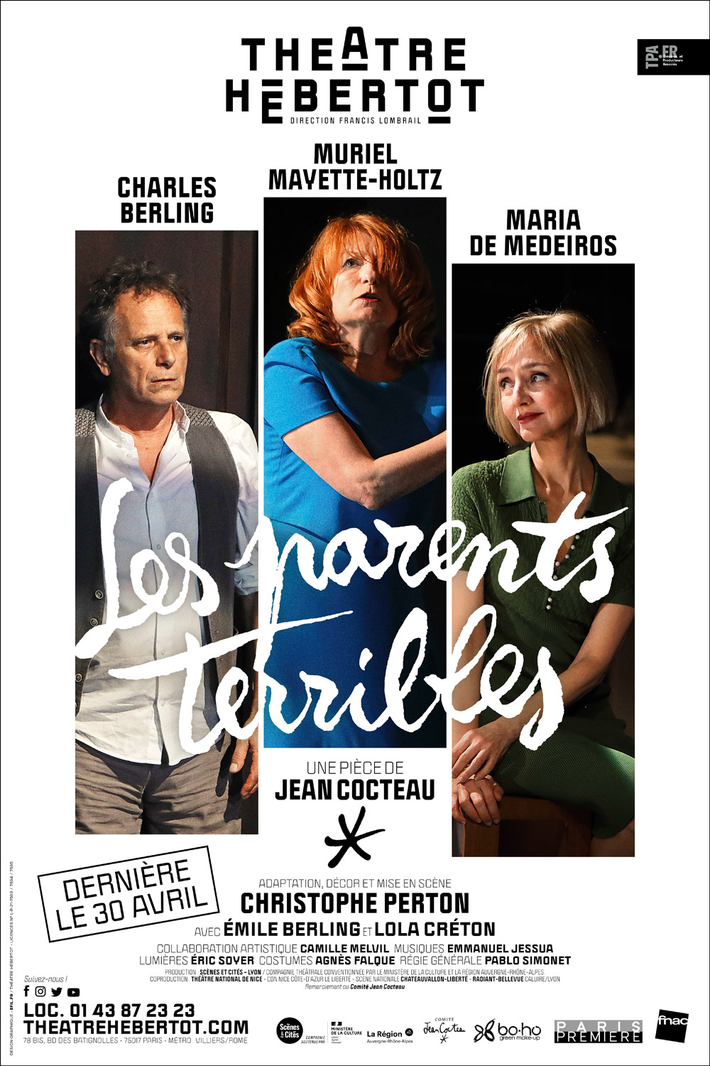 Affiche du spectacle : Les parents terribles. Dernière le 30 avril 2023.